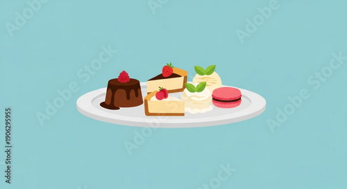 Assorted sweet desserts on white plate with chocolate cake cheesecake macaron and cream on light blue background