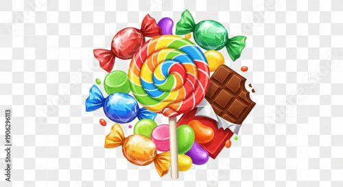 Colorful assortment of sweets and candies on a transparent background for design