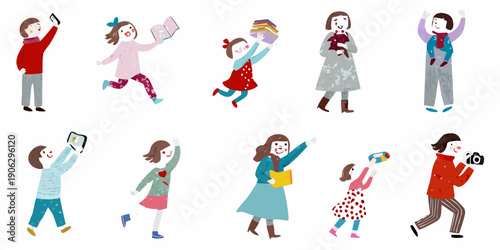 Diverse group of illustrated people celebrating with joyful poses and props