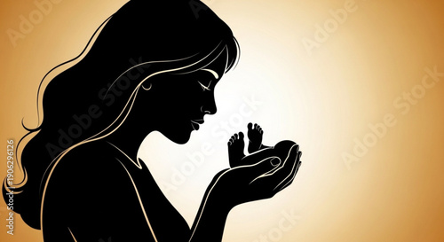 Pregnant Woman Holding Belly Silhouette on Golden Background