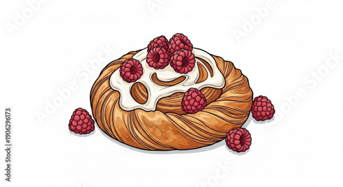 Delicious raspberry danish pastry with white icing and fresh raspberries on top sweet breakfast treat