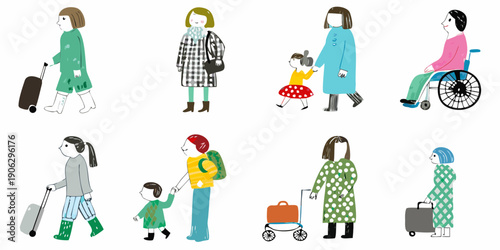 Diverse group of illustrated people with varying abilities and luggage