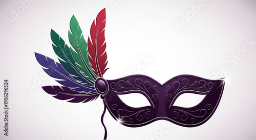 Purple Masquerade Mask with Colorful Feathers Isolated on White Background