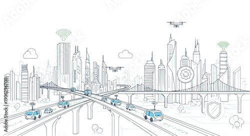 Minimalist Line Art Smart City Infrastructure Illustration with Connected Autonomous Vehicles