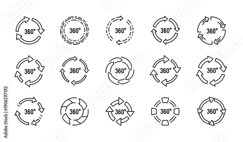 Panoramic 360 View Circular Arrow Icons Collection in Modern Line Style Vector Illustration