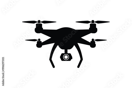 Professional drone with camera silhouette isolated on white background modern aerial technology for photography