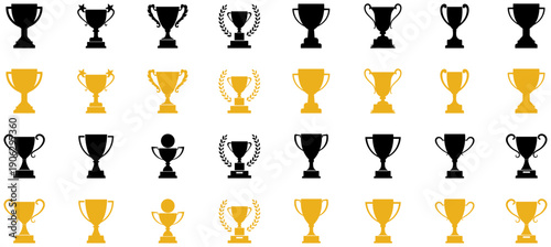 Trophy cup icon set with award and winner silhouettes. Trophy cup, Medal, Winner prize icon. Trophy cup icons showing champion victory awards. trophy, award, victory, first, vector illustration