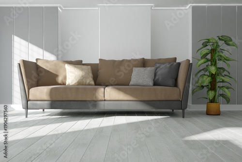 modern room with sofa with pilllows, gray panel on the wall and plant in flowerpot interior design. 3D illustration