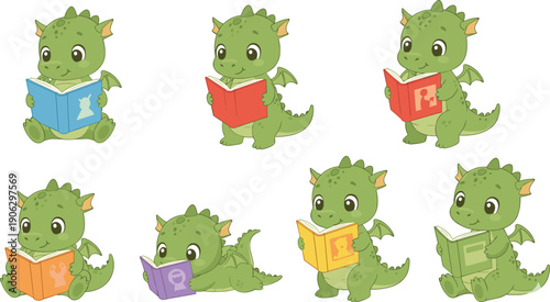 Cute Baby Dragon Reading Book Set Isolated on White Background Flat Vector Illustration