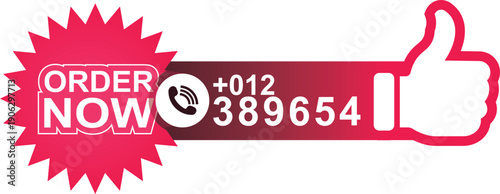 Order now modern label with riboon and thumbs up flat design. For banner, phone number, icon, tag, sticker, logo, stamp, icon, symbol, sign. Vector illustration