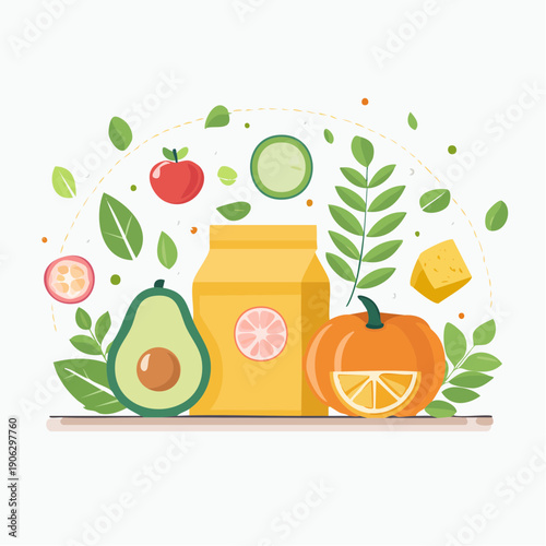 Vibrant illustration of healthy juice with fresh fruits and leaves.