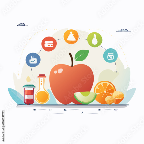 Assorted fruits and nutritional information icons.