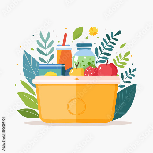 Healthy Lunchbox with Fresh Fruits and Drinks.