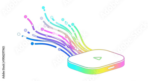 Vibrant abstract illustration of data streaming from a sleek technological device