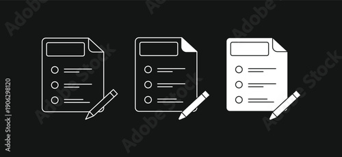 Document survey icon set with pencil, featuring thin line, bold line, and solid glyph styles on black background. Vector illustration for feedback, registration, or tax form design