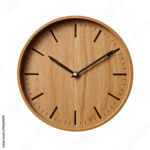 Minimalist wooden wall clock with black hands on black background time natural, Isolated, Png Transparent Background