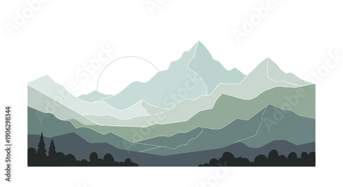 Abstract layered mountain landscape vector illustration with rising sun and forest silhouette