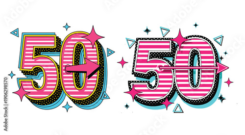 Retro pop art number 50 illustration with stripes and sparkles