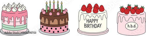 Cute birthday cake vector set with candles and strawberries, hand drawn pastel desserts for celebration designs