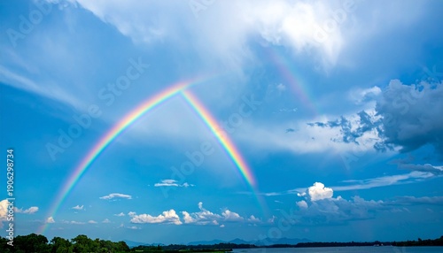 Wallpaper Mural Vibrant Rainbow Arching Across a Bright Blue Sky with Scattered Clouds Over a Serene Landscape. Torontodigital.ca