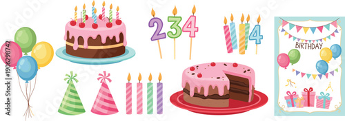 Cute birthday party vector illustration set with dessert, balloons, candles and invitation card for kids events