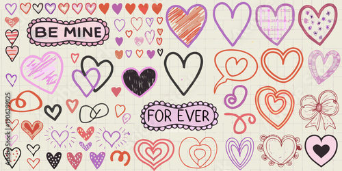 Collection of hand drawn hearts and valentine s day messages on lined paper