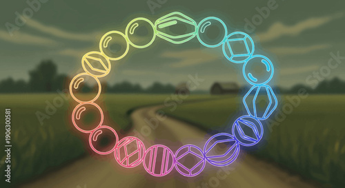 Vibrant neon geometric bead circle over a serene countryside road at dusk creating an ethereal