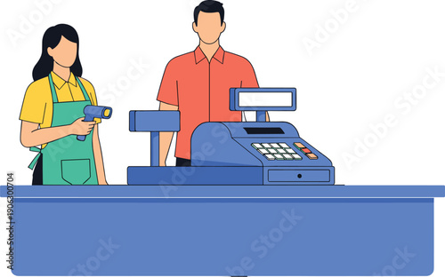Professional Cashier Woman And Male Customer At Supermarket Retail Store Checkout Counter With Blue Cash Register Machine Vector Illustration