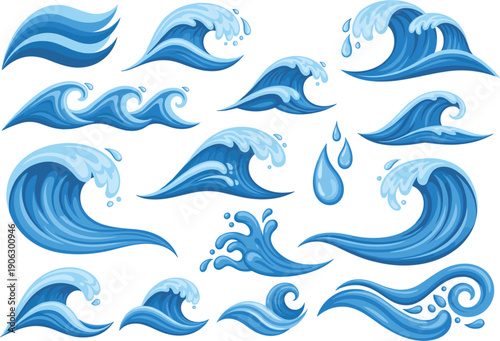 Obraz na płótnie Blue ocean waves vector set featuring splashing water sea surf ripples and water drops in flat cartoon style for design