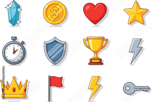 Professional flat game assets and mobile UI icon set featuring gold coin crystal heart star trophy crown key and shield.