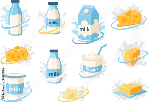 Flat dairy product vector icon set featuring milk bottles cartons cheese butter yogurt with splash elements