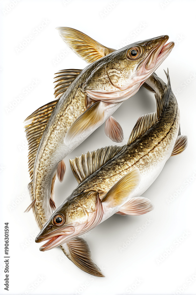 Naklejka premium Fresh Atlantic cod fish Gadus morhua isolated on white background in professional studio lighting 