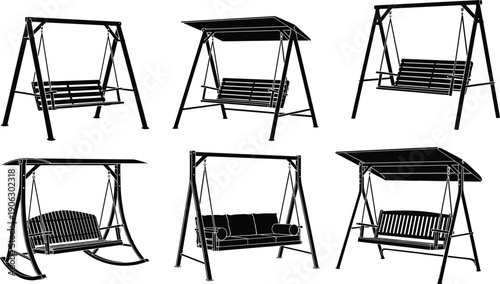 Black Silhouette Set of Various Garden Swing Chairs and Outdoor Porch Gliders with Canopies for Backyard Patio and Relaxation Design, cad drawing flat vector illustration