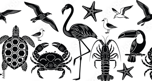 Detailed Black Silhouette Set of Tropical Animals and Sea Life Including Flamingo Toucan Sea Turtle Crab Lobster Starfish and Seagulls, cad drawing flat vector illustration