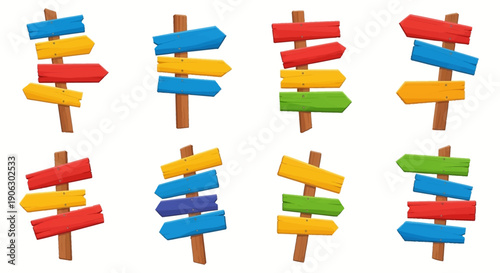 Vibrant wooden arrow signposts illustration set for guidance, choice, and navigational concepts on a journey