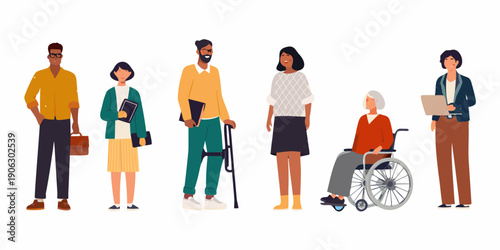 Diverse group of people standing together including individuals with disabilities