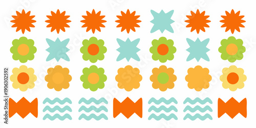 Arrangement of colorful star flower and wave shaped icons in rows