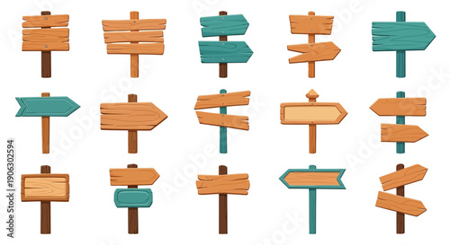 Diverse collection of stylized wooden and teal directional signposts and blank information boards for guidance and messages.