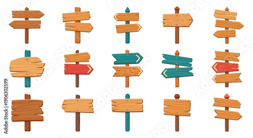 A vibrant set of wooden directional arrow signs and blank signposts, offering diverse navigation choices and decision-making concepts.