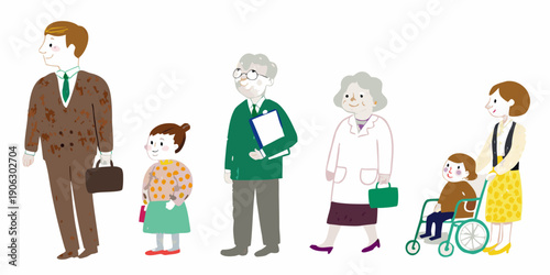 A diverse group of people including seniors and children are shown standing