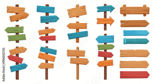 Navigational elements: a collection of rustic wooden signposts and arrowboards for pathfinding and direction indication, isolated vector illustration set.