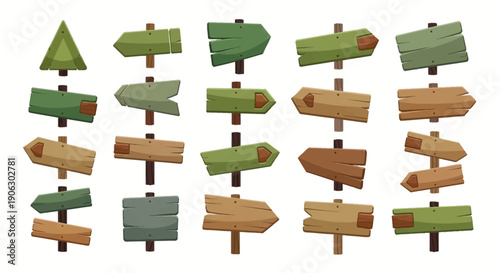 Collection of rustic wooden signposts and arrow illustrations, guiding direction on isolated backgrounds for navigation and choice concepts.