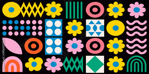 Colorful geometric and floral patterns arranged in a repeating grid