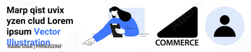 Business, e-commerce, communication, branding, user profiles, digital marketing. Woman holding clipboard, commerce icon user icon. Business and e-commerce ideas for modern branding