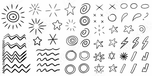Collection of hand drawn doodle shapes and whimsical line art elements