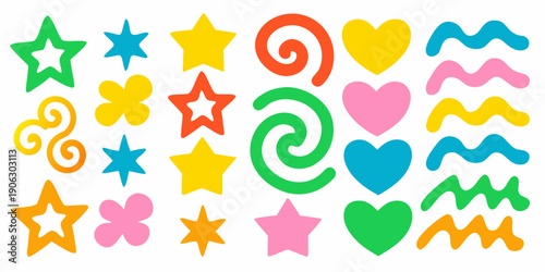 Colorful collection of playful shapes including stars hearts swirls and waves