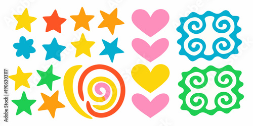 Colorful assortment of stars hearts swirls and decorative shapes
