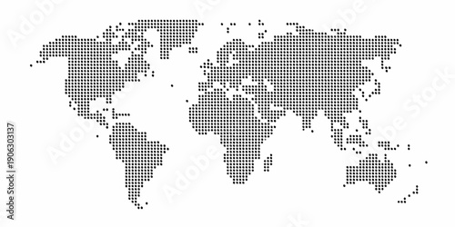 A dotted world map illustration with continents and oceans clearly defined