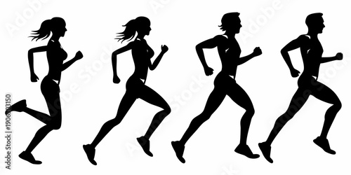 Silhouettes of four people running depicting motion and athleticism