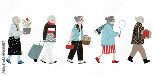 A line of illustrated senior women walking with various items